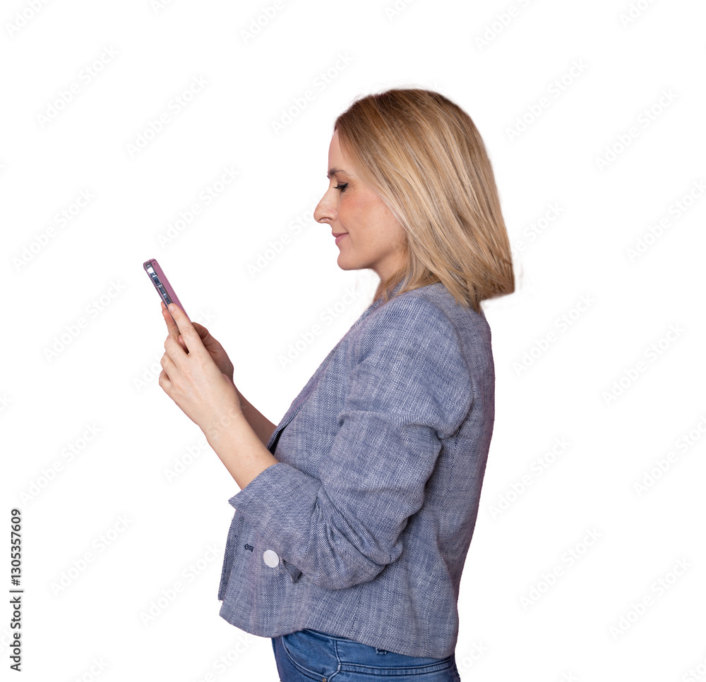 Side view profile using smartphone standing isolated over transparent background. PNG transparent. Side view profile using smartphone standing isolated over transparent background. PNG transparent.