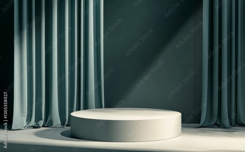 Elegant Product Display with Round Podium and Moody Curtain Backdrop Elegant Product Display with Round Podium and Moody Curtain Backdrop