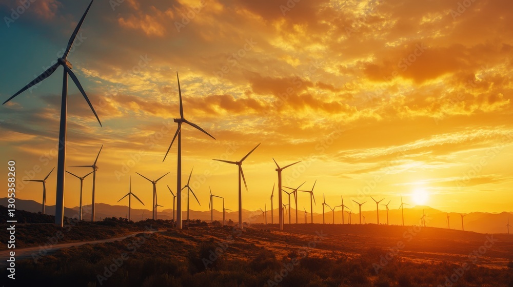 Obraz premium A scenic view of a wind farm at sunrise, with tall wind turbines spinning against a golden sky.