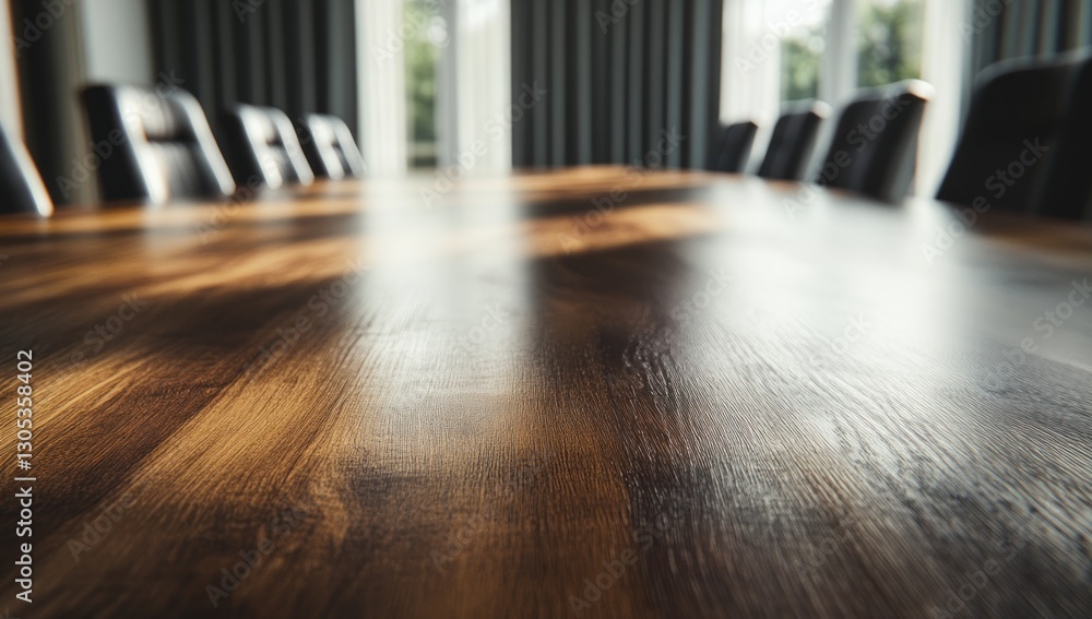 Sunlit Conference Table: A Polished Wooden Surface Reflecting Light in a Modern Office Setting Sunlit Conference Table: A Polished Wooden Surface Reflecting Light in a Modern Office Setting