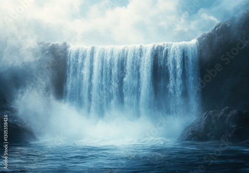 Majestic waterfall cascading down rocky cliffs into a misty pool with dramatic clouds and serene atmosphere, creating a breathtaking natural landscape