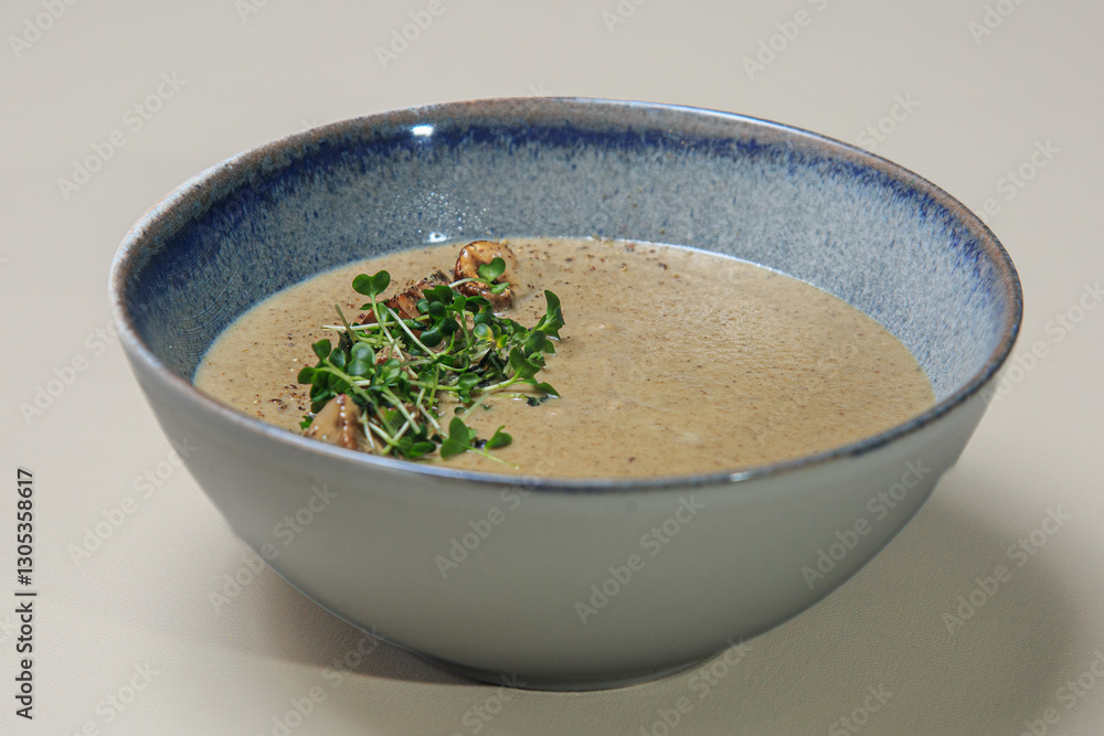 a bowl of creamy mushroom soup. a bowl of creamy mushroom soup.
