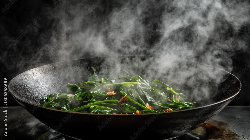 A sizzling wok filled with stir-fried morning glory, soy sauce, and crispy garlic, steaming under high heat. A sizzling wok filled with stir-fried morning glory, soy sauce, and crispy garlic, steaming under high heat.