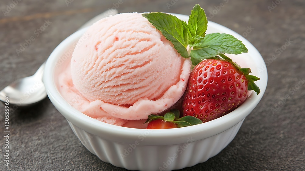 Strawberry ice cream scoop in bowl with fruit, mint garnish; dark background, dessert Strawberry ice cream scoop in bowl with fruit, mint garnish; dark background, dessert