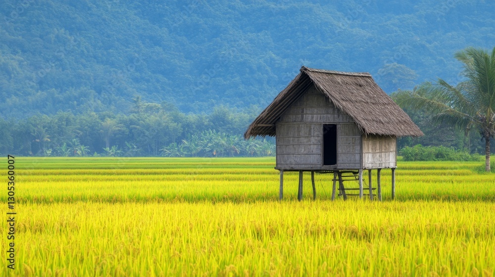 A traditional wooden hut standing in the middle of a vibrant rice field. A traditional wooden hut standing in the middle of a vibrant rice field.