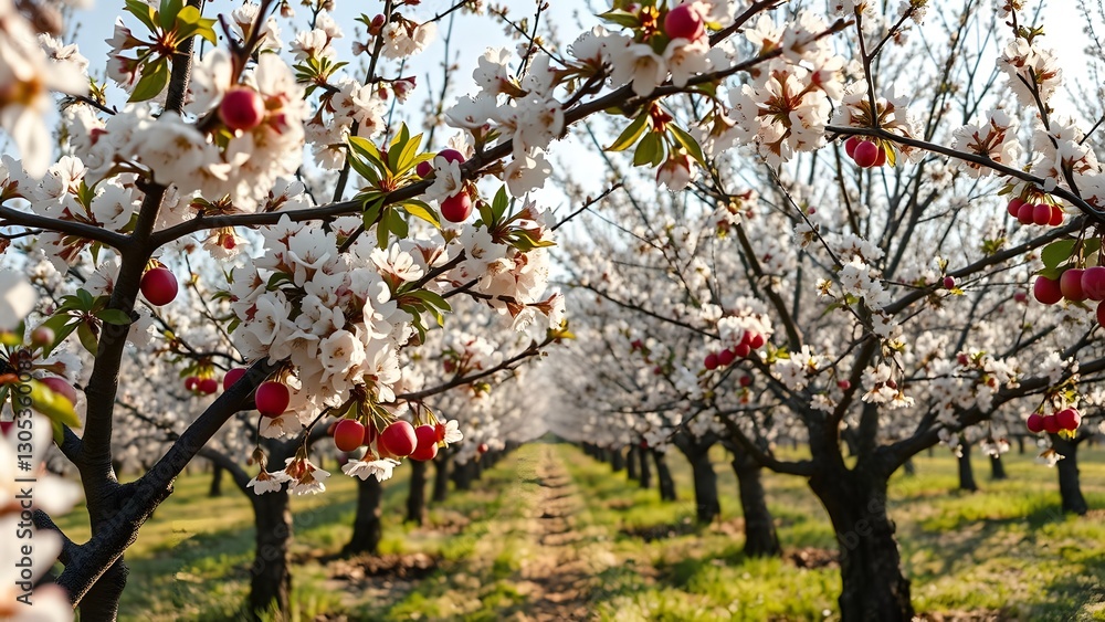 Naklejka premium Beautiful orchard path lined with blossoming cherry trees and ripe cherries, showcasing a vibrant spring landscape filled with nature's colors and tranquility. 
