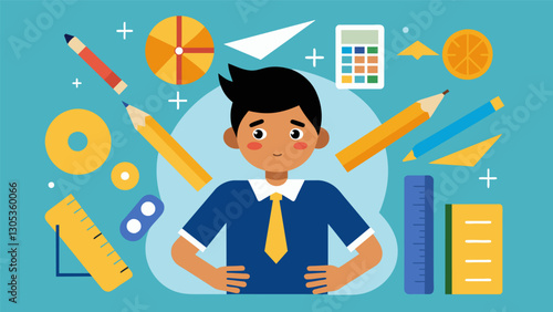 With a determined look a student marks off rulers protractors and compasses from their list of school supplies.. Vector illustration