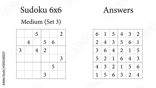 Sudoku Puzzle 6x6 Medium Set 3 with Answers, Fun Brain Training Game for Kids, Teens and Adults, Vector	