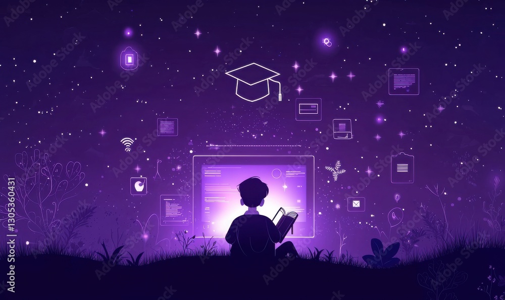 custom made wallpaper toronto digitalSilhouette of a student exploring digital learning in a starry landscape