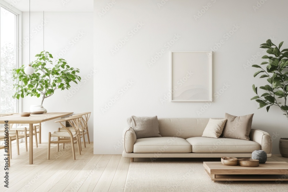 Modern Minimalist Living Room with Beige Sofa, Wooden Accents and Greenery Modern Minimalist Living Room with Beige Sofa, Wooden Accents and Greenery
