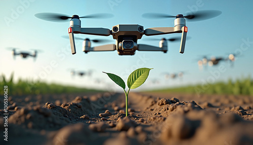 Drone planting young seedlings in agricultural field, showcasing modern sustainable farming techniques for eco-friendly agriculture