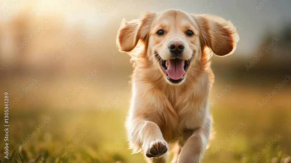 Obraz premium Cute dog enjoys a lively run on lush green grass during golden hour