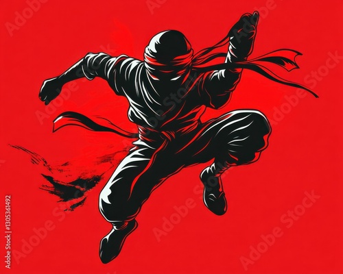 Ninja Kick. Karate Fighter in Action. Cartoon Mascot Kickboxing for Fitness and Health