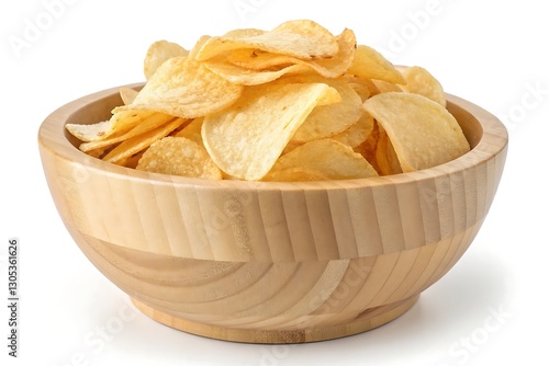 Bowl of crispy potato chips snack, crunchy and salted, isolated on white background. photo