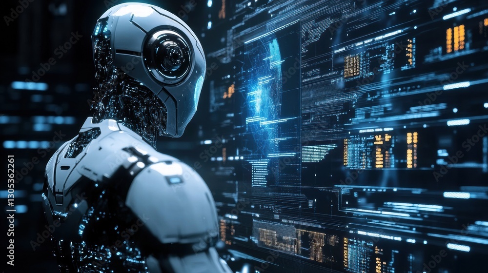 Fototapeta premium Advanced AI Robot Making Precise Calculations on Hol