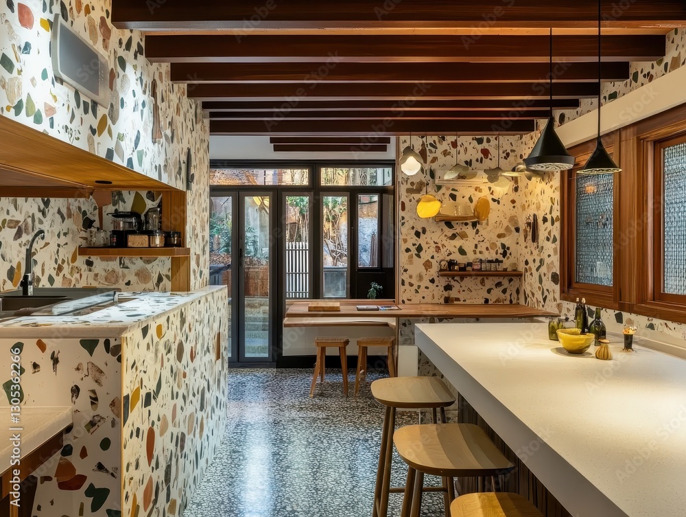 An inviting modern kitchen with speckled walls and seating area An inviting modern kitchen with speckled walls and seating area