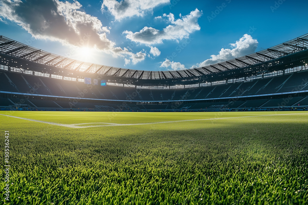 Fototapeta premium large stadium with a green field and a blue sky. The stadium is empty and the sun is shining brightly