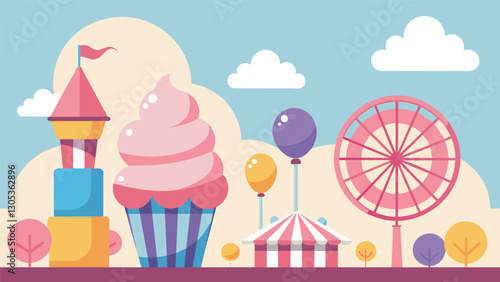 The aroma of cotton candy and funnel cakes wafts through the fair tempting visitors to indulge in their favorite childhood treats.. Vector illustration