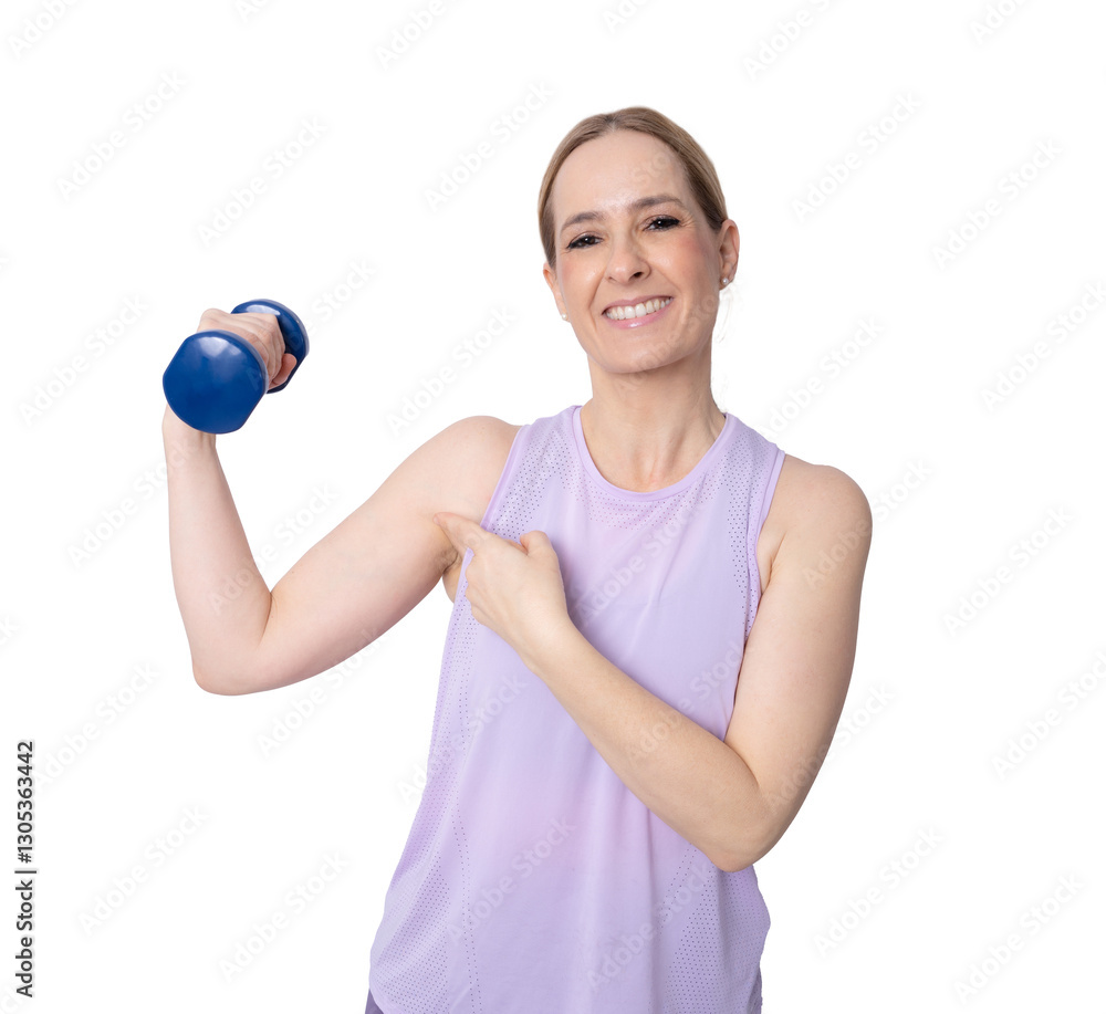 Young smiling sport woman holding a dumbbell standing isolated over transparent background. PNG transparent. Young smiling sport woman holding a dumbbell standing isolated over transparent background. PNG transparent.