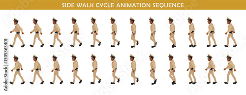 Police Officer Character walk cycle animation sequence. Front walk frame by frame animation sprite sheet.
