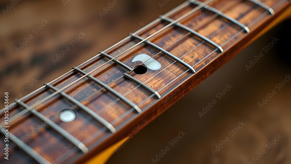 Close-up of a beautifully crafted guitar fretboard showcasing intricate wood details and strings, perfect for musicians passionate about sound and artistry. Close-up of a beautifully crafted guitar fretboard showcasing intricate wood details and strings, perfect for musicians passionate about sound and artistry.