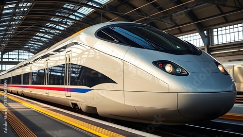 A sleek, modern high-speed train at a bustling station, showcasing advanced technology and dynamic design, ready for travelers embarking on their next journey.  