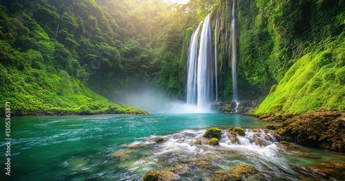 Majestic Waterfall Cascading into Tranquil Pool Surrounded by Lush Greenery and Misty Atmosphere in a Natural Paradise Setting