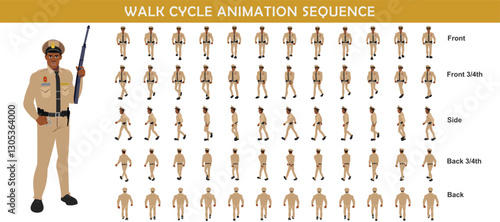 Police Officer Character walk cycle animation sequence. Front walk frame by frame animation sprite sheet.