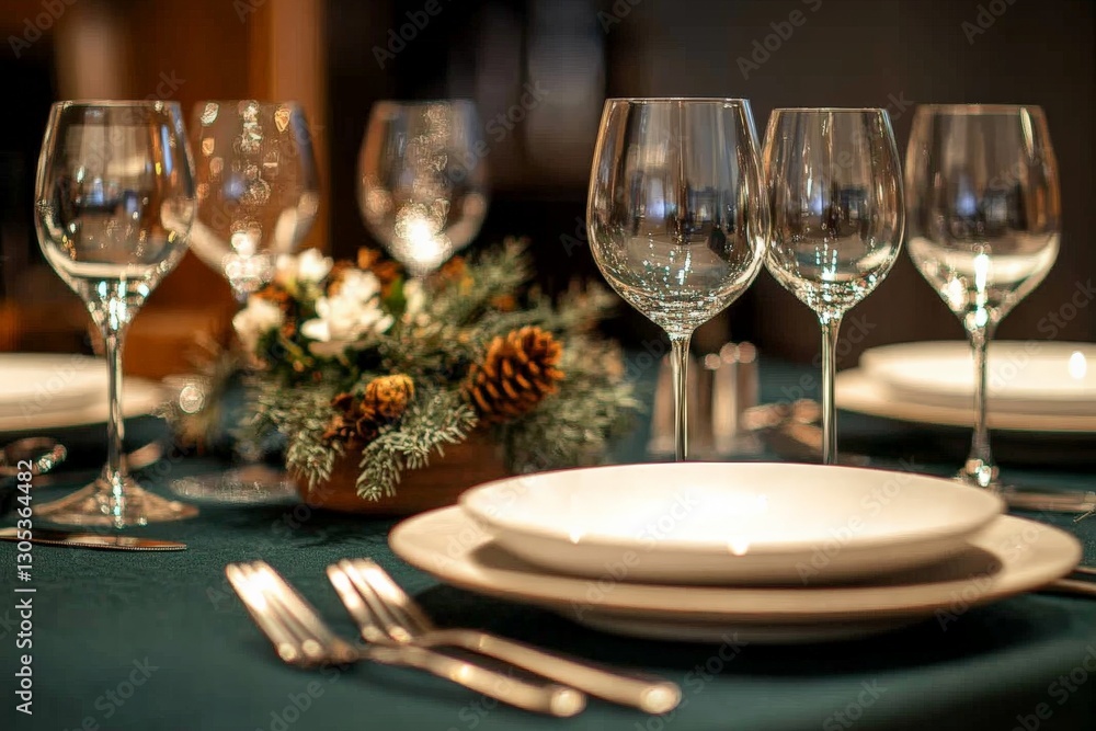 Elegant dining table setup with glassware and seasonal decor ready for special occasion Elegant dining table setup with glassware and seasonal decor ready for special occasion