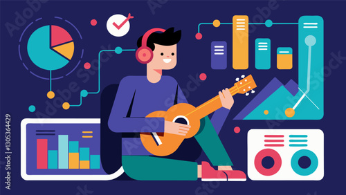 Through data analysis on the most played songs on streaming platforms a musician tailors their composition to match the current trends and attract a worldwide fan base.. Vector illustration
