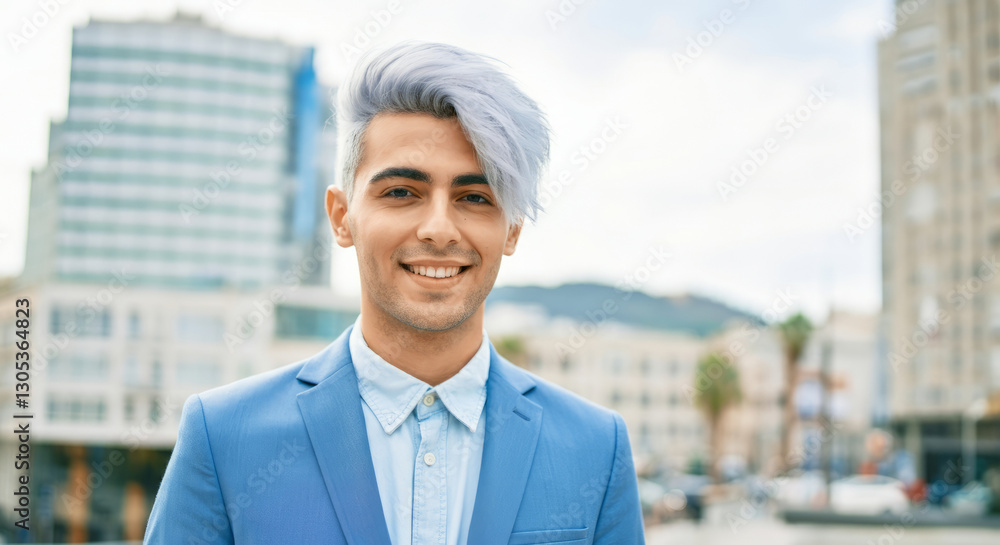 Young adult caucasian male with stylish hair in urban setting Young adult caucasian male with stylish hair in urban setting