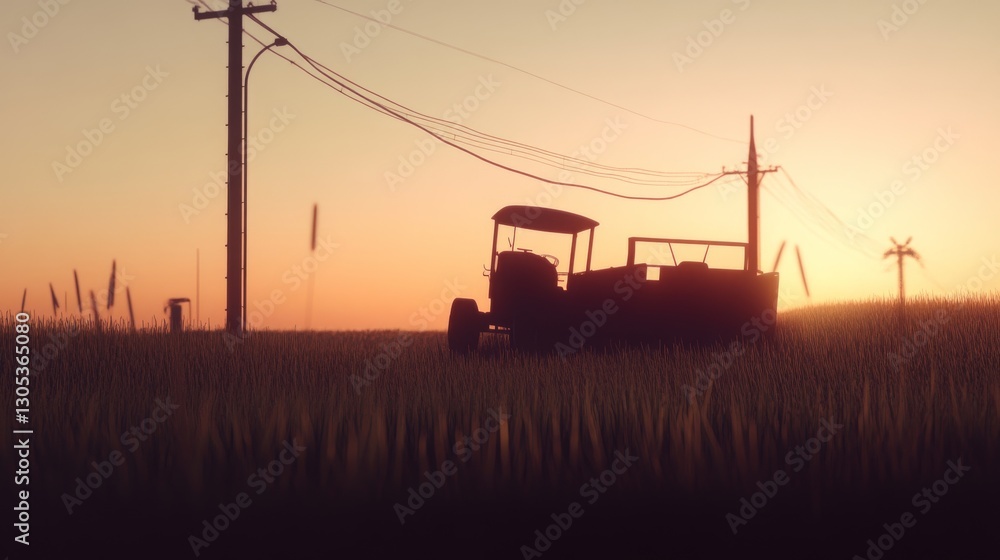 Fototapeta premium Vintage truck silhouette at sunset in field.