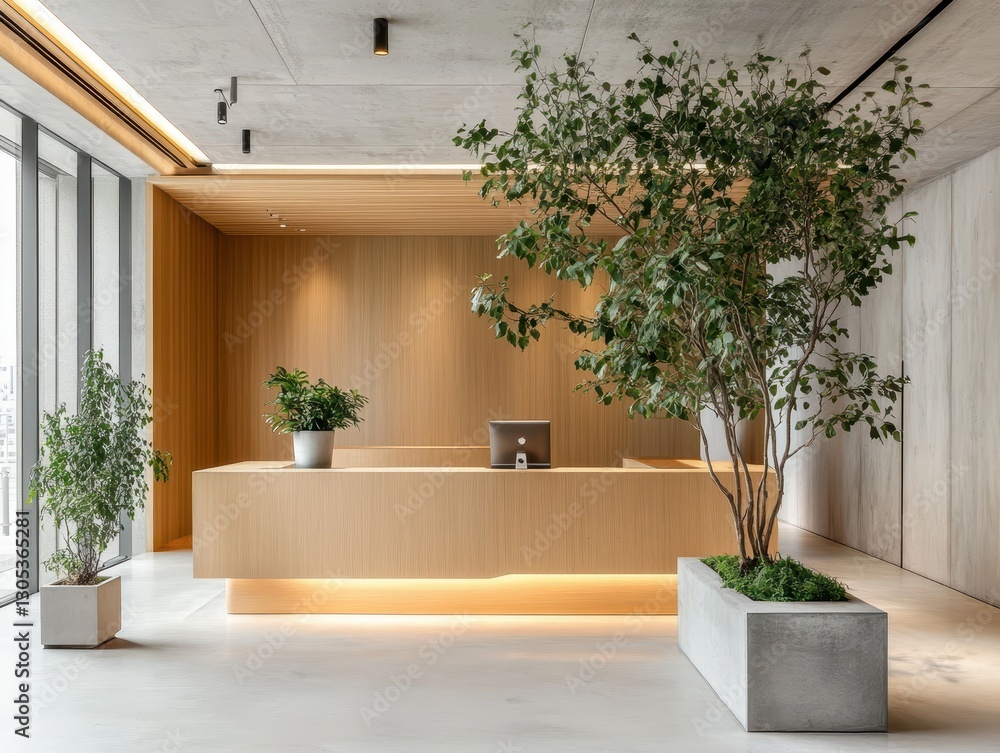 Fototapeta premium Modern reception desk featuring indoor plants and clean minimalist design