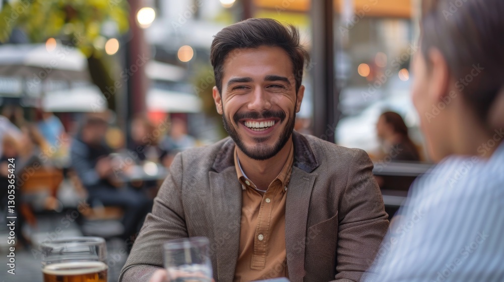 Smiling man shares a joyful moment with a friend at a bustling outdoor cafe during a sunny afternoon Smiling man shares a joyful moment with a friend at a bustling outdoor cafe during a sunny afternoon