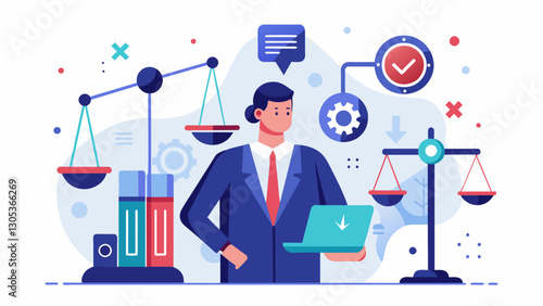 With the assistance of artificial intelligence a legal researcher combs through years of case law to identify patterns and trends that can strengthen their arguments in a landmark. Vector illustration