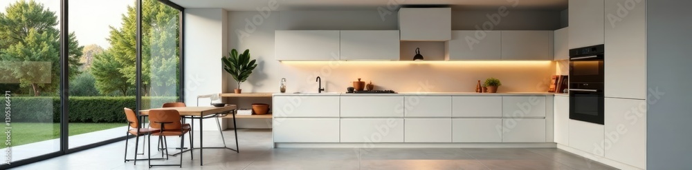 Fototapeta premium Sleek minimalist kitchen, integrated appliances, gold, dishwasher