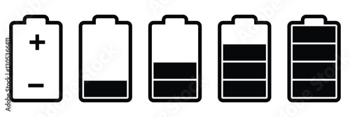 Set of vertical battery level indicators. Battery icon illustration. Battery indicator symbols. Battery charging sign and symbol, battery charge level.