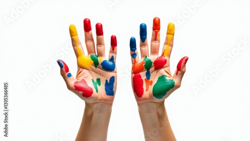 Colorful painted hands on white background