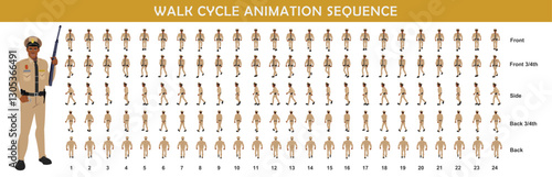 Police Officer Character walk cycle animation sequence. Front walk frame by frame animation sprite sheet.