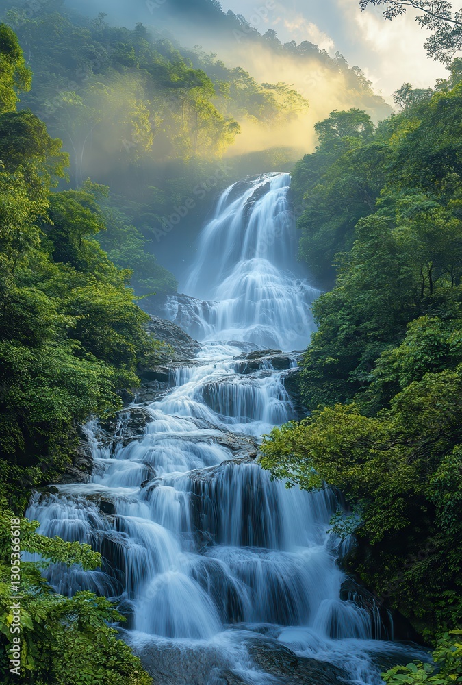 Fototapeta premium Majestic Waterfall Cascading Through Lush Green Jungle Hills Under Soft Morning Light