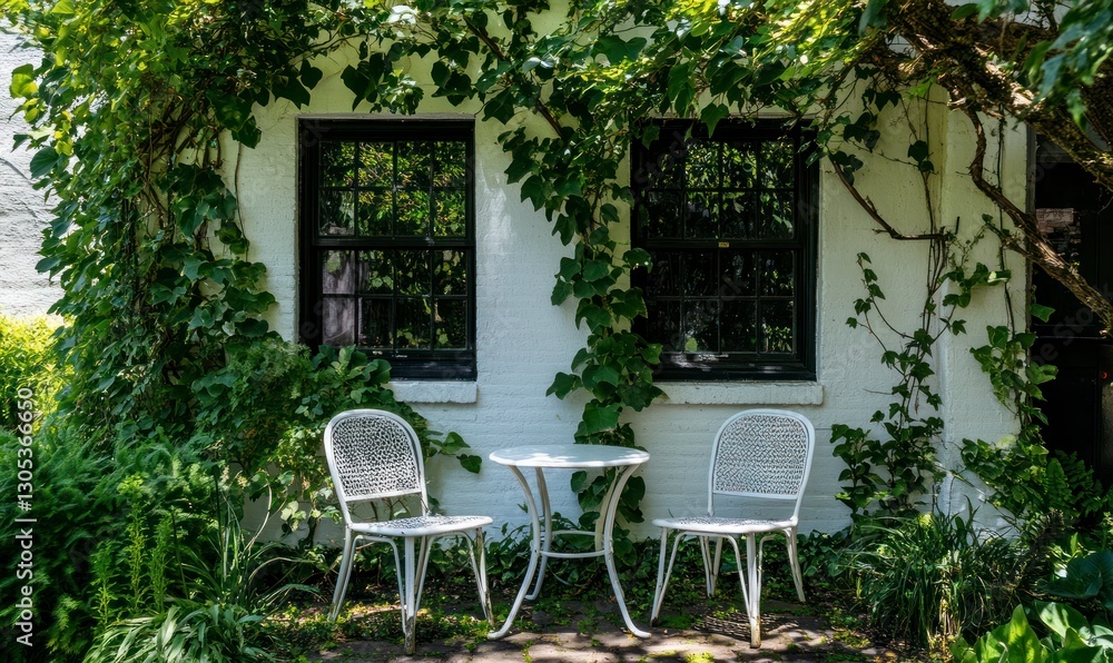Obraz premium Outdoor Bistro Table and Chairs Surrounded by Lush Greenery