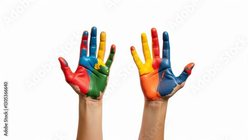 Vibrant painted hands against white background