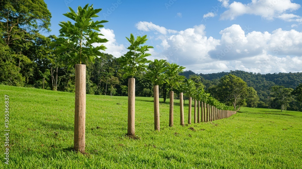 Fototapeta premium Carbon Reforestation Projects Concept, Mixed Use Reforestation Projects Balancing Carbon Cap in Natural Environment with Trees and Grasslands