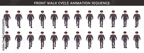 Police Officer Character walk cycle animation sequence. Front walk frame by frame animation sprite sheet.