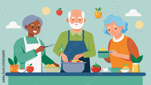 Seniors engaging in a cooking demonstration at a Healthy Aging conference learning new and healthy recipes to incorporate into their diet.. Vector illustration