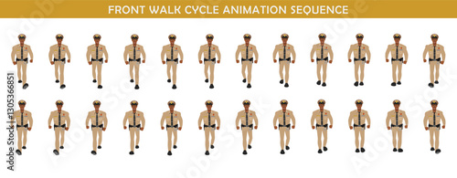 Police Officer Character walk cycle animation sequence. Front walk frame by frame animation sprite sheet.