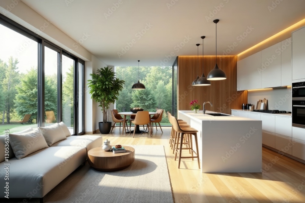 Fototapeta premium Spacious bright living area integrates seamlessly with stylish modern kitchen featuring island counter , chairs, kitchen, modern