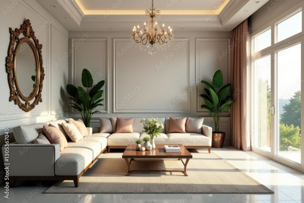 Spacious living room, crystal chandelier, ornate mirror, room, estate, design Spacious living room, crystal chandelier, ornate mirror, room, estate, design