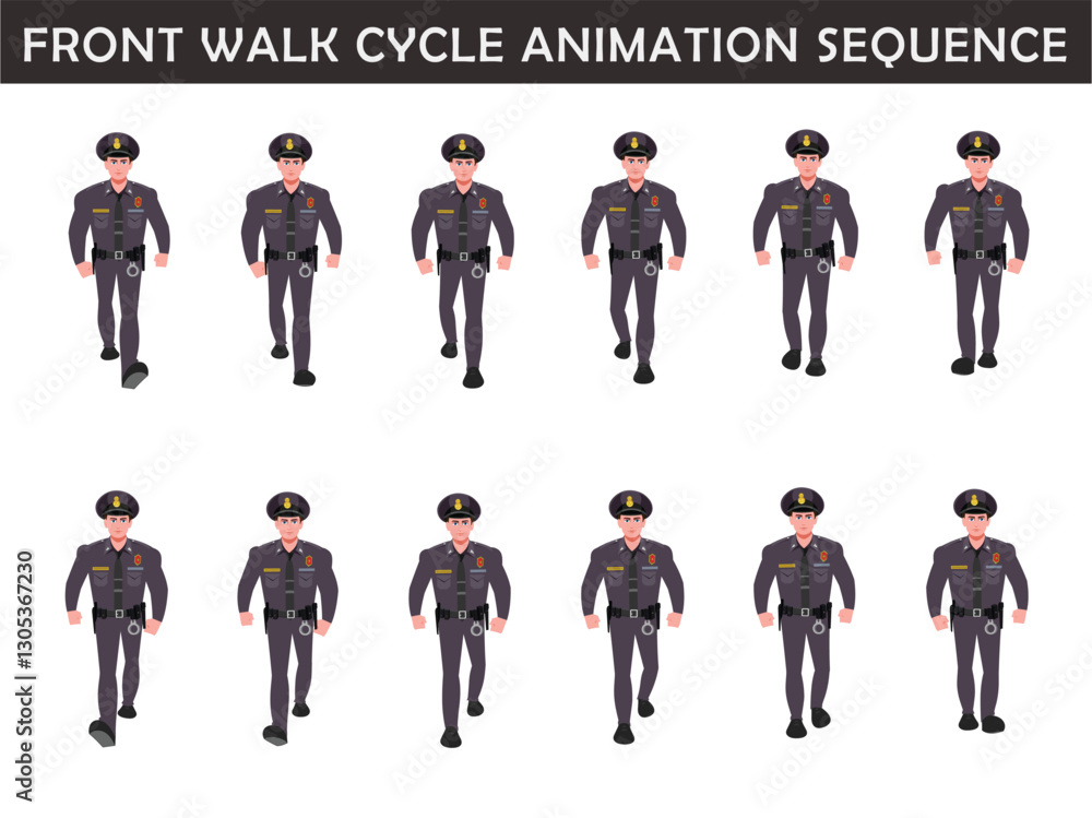 Police Officer Character walk cycle animation sequence. Front walk frame by frame animation sprite sheet.