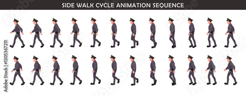 Police Officer Character walk cycle animation sequence. Front walk frame by frame animation sprite sheet.